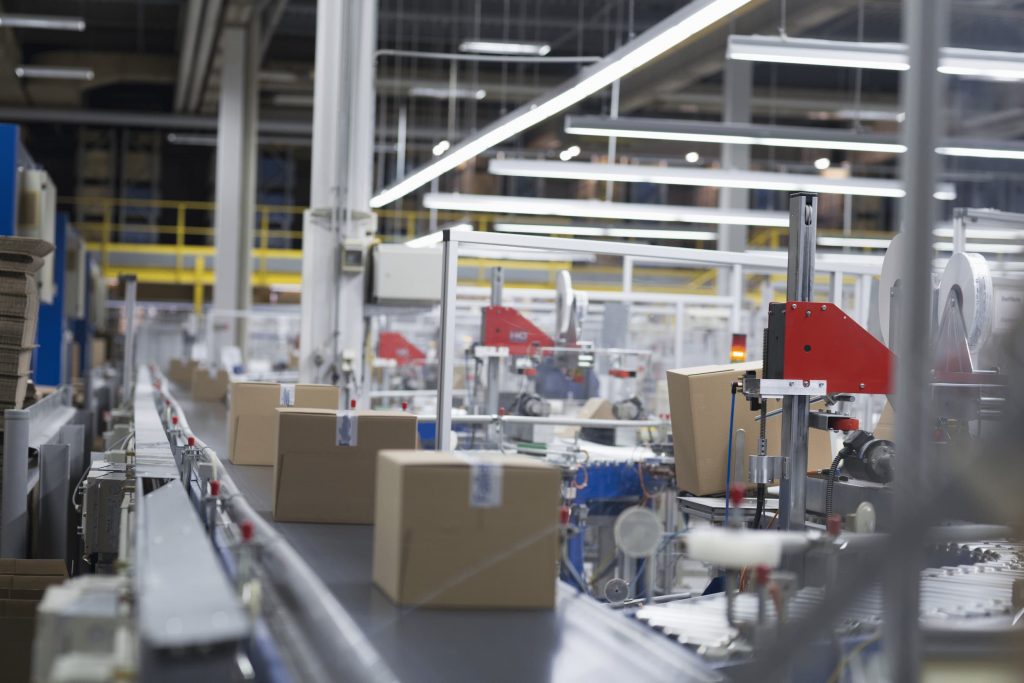 Boxes on a factory belt